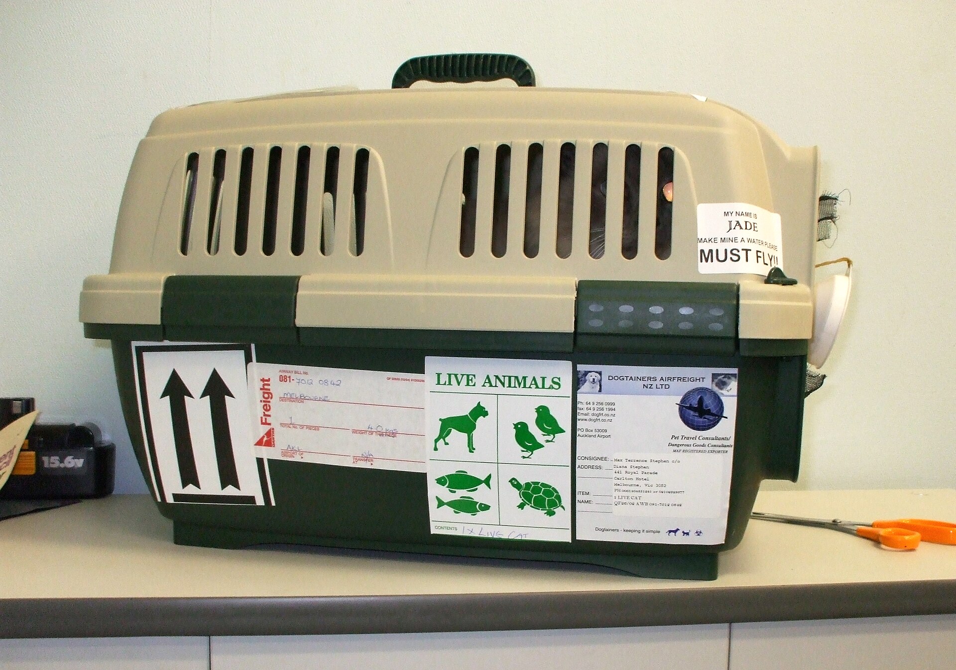 A live-animal air freight crate labelled with contents, weight, and airway bill number